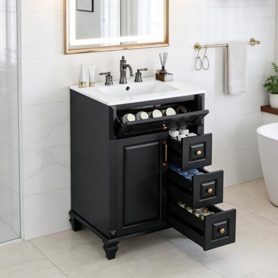 Meuble-lavabo de 24 po avec lavabo en céramique, armoire autoportante avec tiroir rabattable, 3 tiroirs et compartiment de rangement, fabrication en bois massif et en bois aggloméré