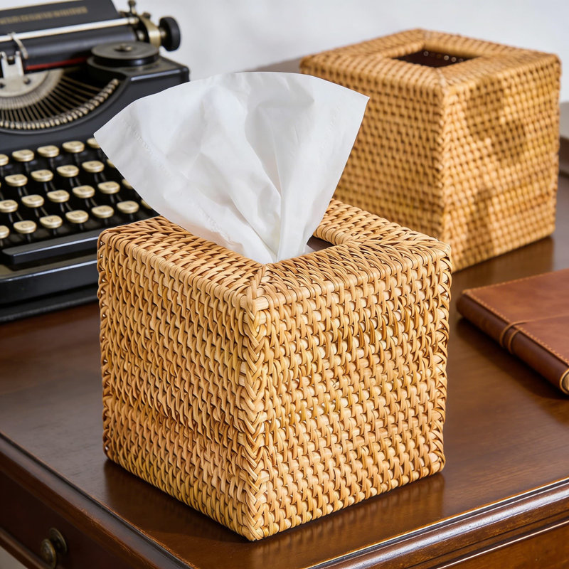 Couvercle de boîte à mouchoirs en rotin tissé à la main, support carré en osier naturel pour papiers-mouchoirs, conception à fond ouvert pour une recharge facile, décor de maison et de bureau rustique