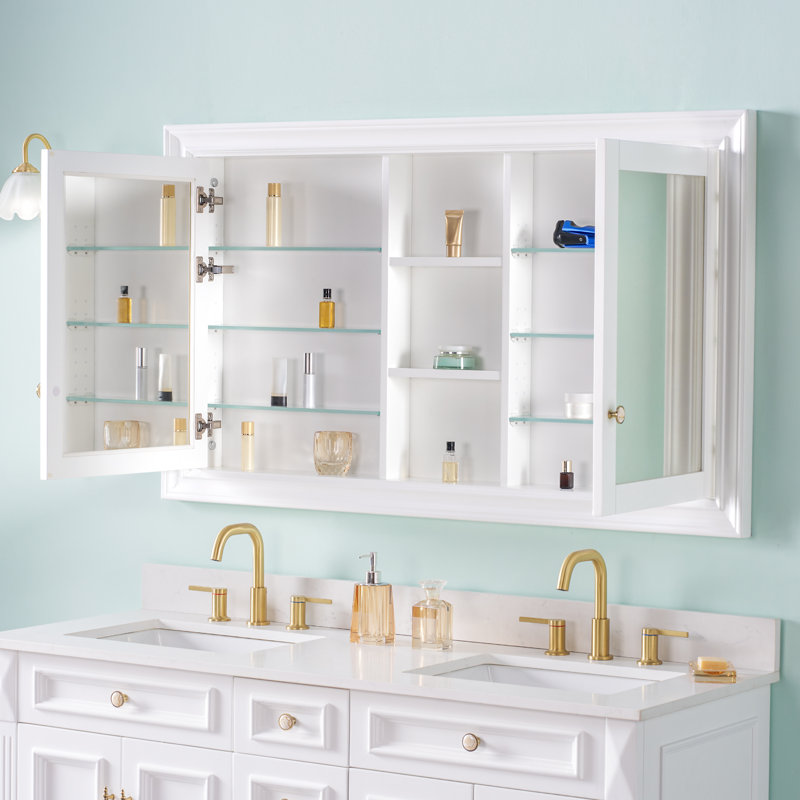 Armoire à pharmacie à cadre encastré en bois massif de 55 po x 32 po avec tablettes réglables en verre