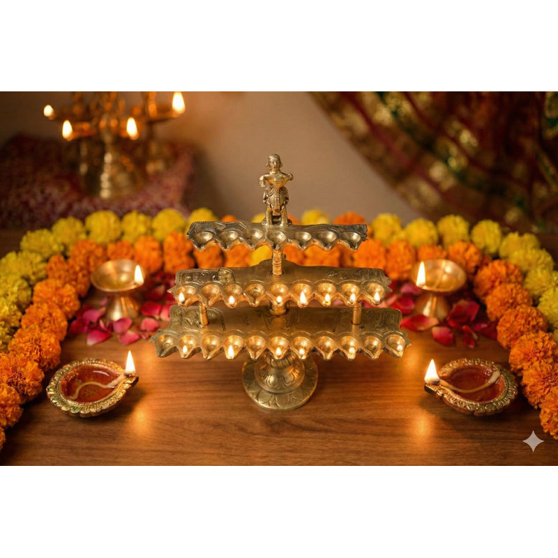 10" Brass Aarti Diya with 28 Wicks and Handle - Traditional Jhari Batti Style Multi-Layer Oil Lamp for Hindu Temple Prayer Ceremony Decor
