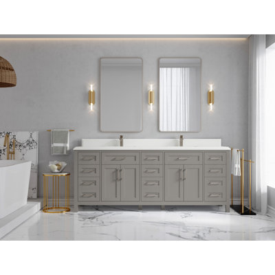 Cambridge 84 In. W X 22 In. D Double Sink Bathroom Vanity In Elephant Skin Gray With Cove Edge Quartz