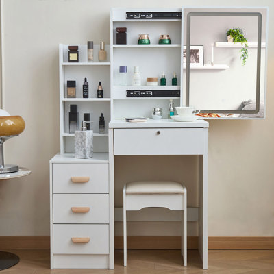 Vanity Desk with Sliding Mirror and Lights, Makeup Vanity Set with 4 Drawers, Stool, Power Outlet, Open Shelves, 3 Color Adjustable Lighting Modes, Makeup Dressing Table for Bedroom