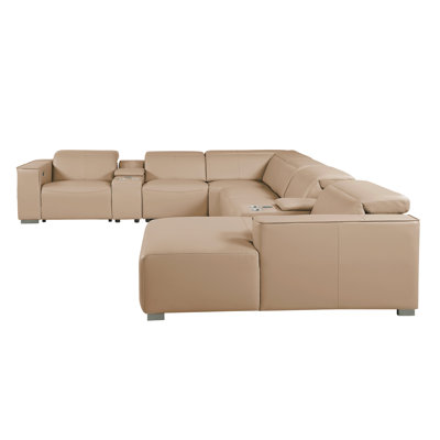 Canapé d'angle en L beige, 8 pièces, orientation gauche, en cuir véritable, avec 2 fauteuils inclinables électriques et appuie-tête réglables