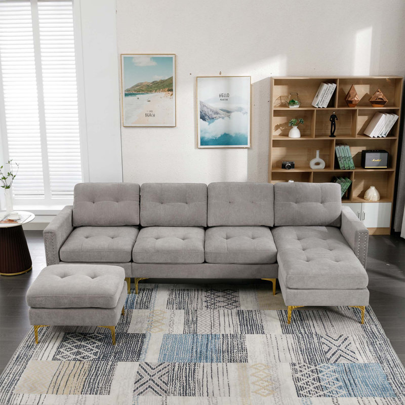 Jiuliana Upholstered Sectional Reversible, Light Gray Velvet, Gold