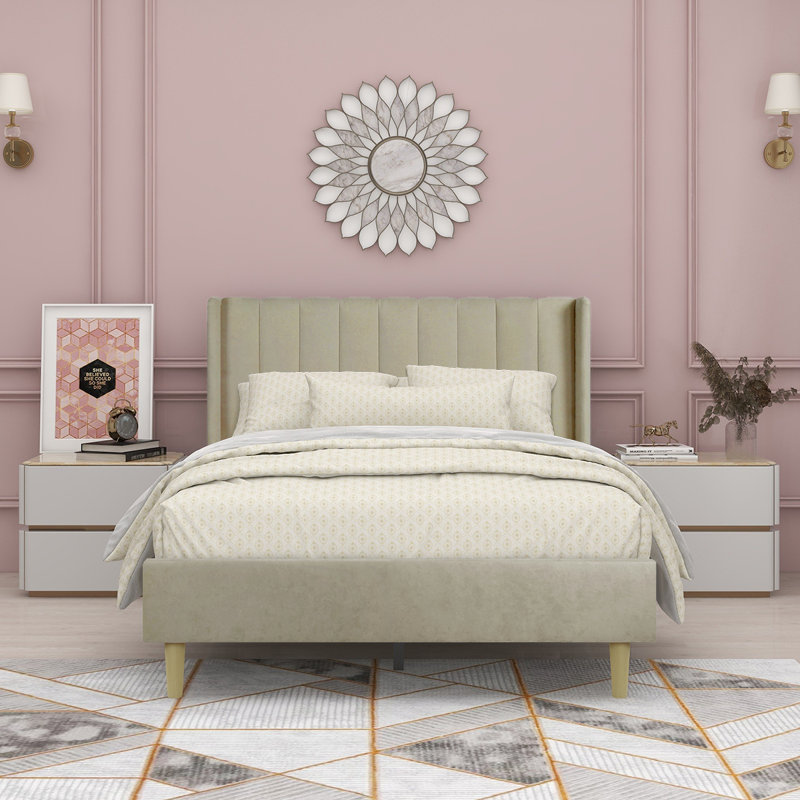 Lit plateforme tapissier avec tête de lit à oreilles Eriksay, Lin beige foncé, Double