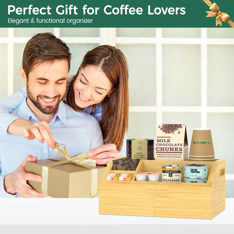 Bamboo Extendable Coffee Station Organizer with Multiple Compartments