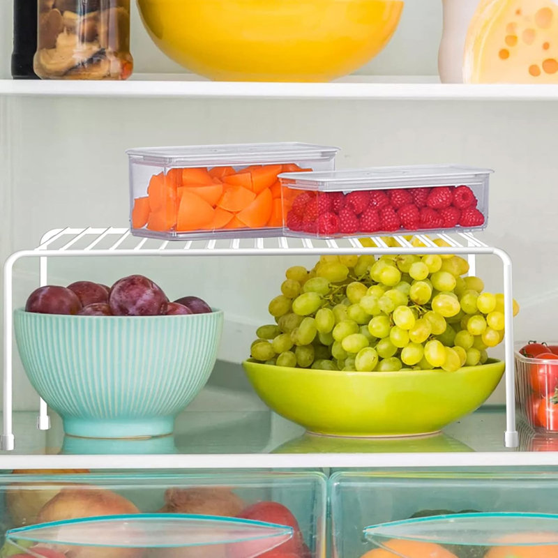 Organisateur de tablette extensible pour armoire, ensemble de 2 tablettes en métal antirouille pour comptoir de cuisine, réfrigérateur, garde-manger et salle de bain, support de rangement peu encombrant avec pieds résistants aux égratignures