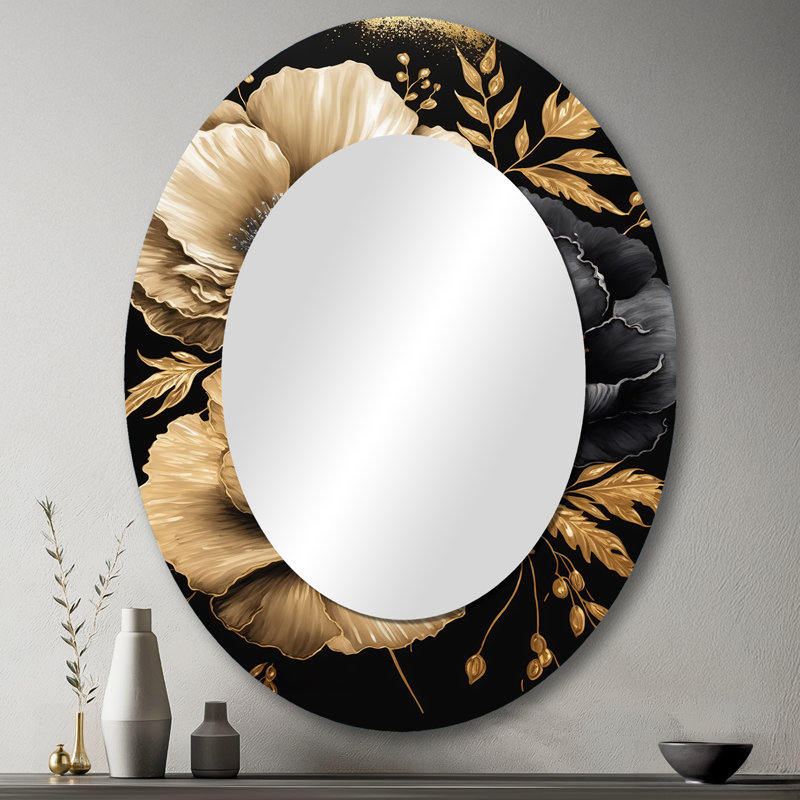 Hibiscus noir et doré II - grand miroir mural ovale sur métal, 43 po x 33 po