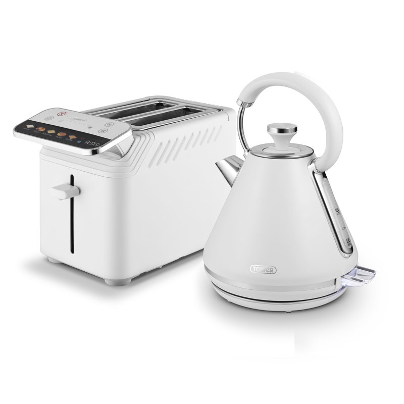 Tower Mirage Kettle with Digital Control Panel,1.7L White and Chrome and Mirage 2 Slice Digital Toaster White with Chrome Trim