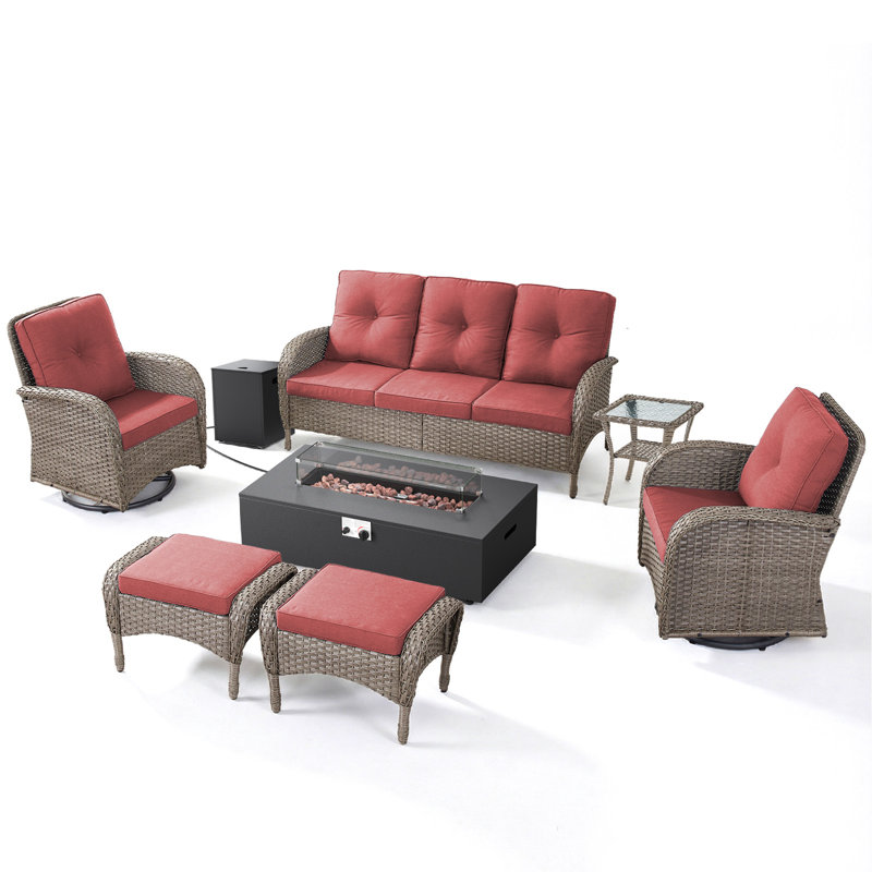 Bruner 7-Piece Swivel Wicker Rattan Patio Fire Pit Conversation Set With Hidden Tank Holder And Ottomans
