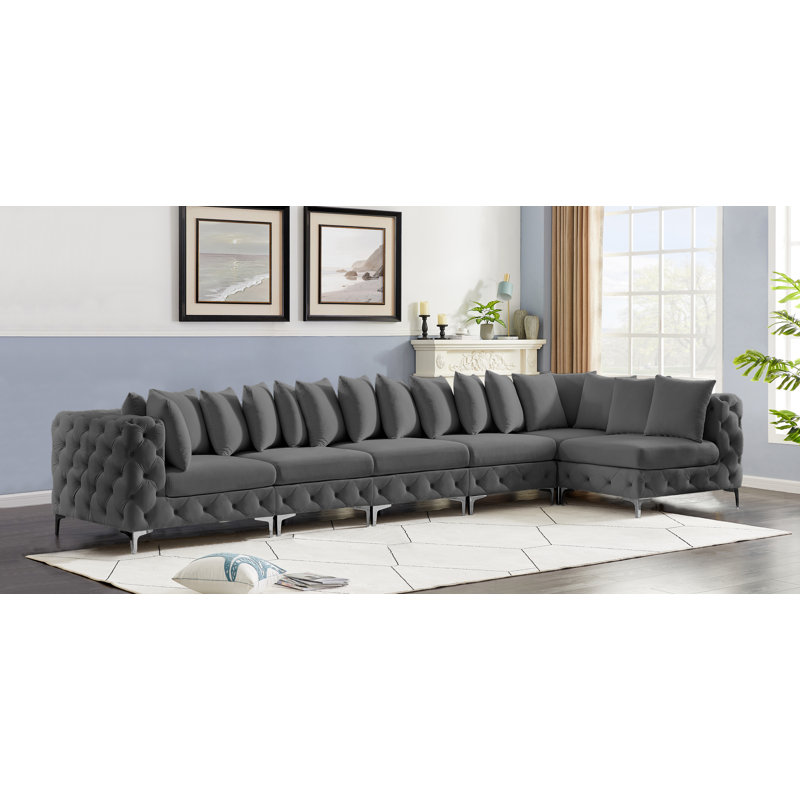 168" Wide Velvet Reversible Modular Corner Sectional, Grey Velvet