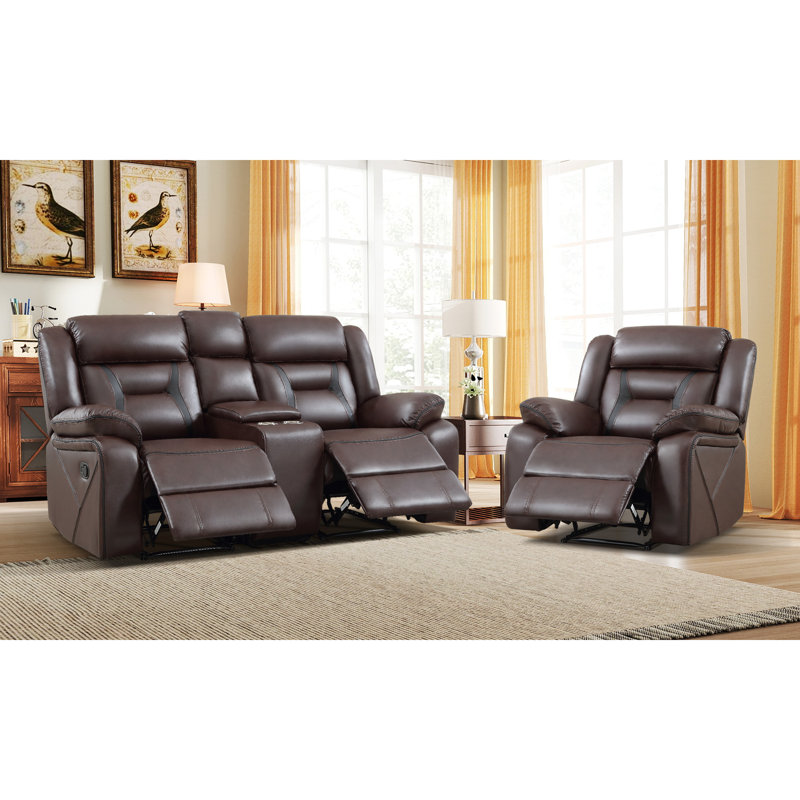 Ensemble de salon inclinable manuel 2 pièces en cuir végétalien avec console, Marron foncé