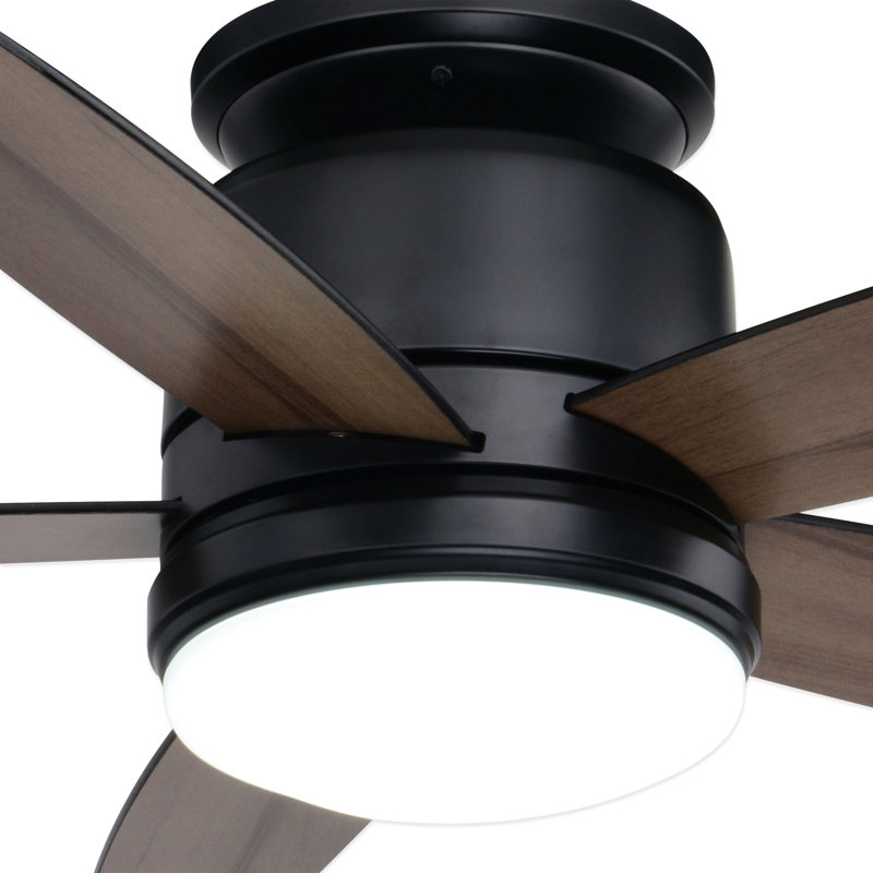 Gurmaan 44 in. Black Indoor Low Profile Flush Mount Transitional Ceiling Fan with Reversible Black-Brown Hickory Blades, Dimmable Integrated LED Light Kit and Remote Control, 3 Speeds, White Glass Shade