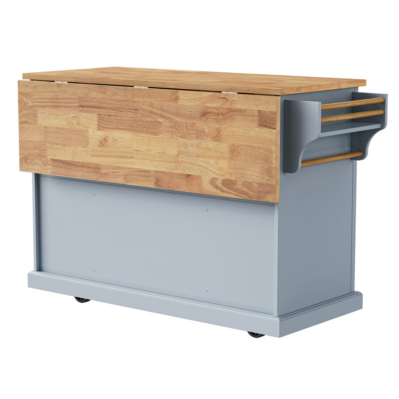 54inch Large Kitchen Island With Rubber Wood Drop Leaf, Embossed Texture Rolling Kitchen Cart On 4 Wheels With 4 Doors And 3 Drawers, Kitchen Island With Storage For Kitchen, Dining Room,grey Blue
