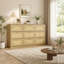 Commode à 9 tiroirs avec façade en rotin, grande commode en panneaux de particules pour un rangement moderne dans la chambre, le salon et l'entrée.