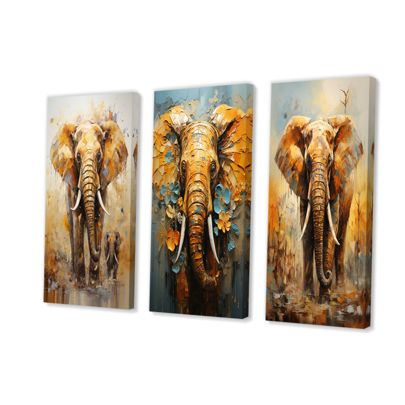 Éléphant, force symbolique, rêves - Éléphant, ensemble d'art mural sur toile, ensemble de 4, Toile tendue, H 40 po x l 60 po
