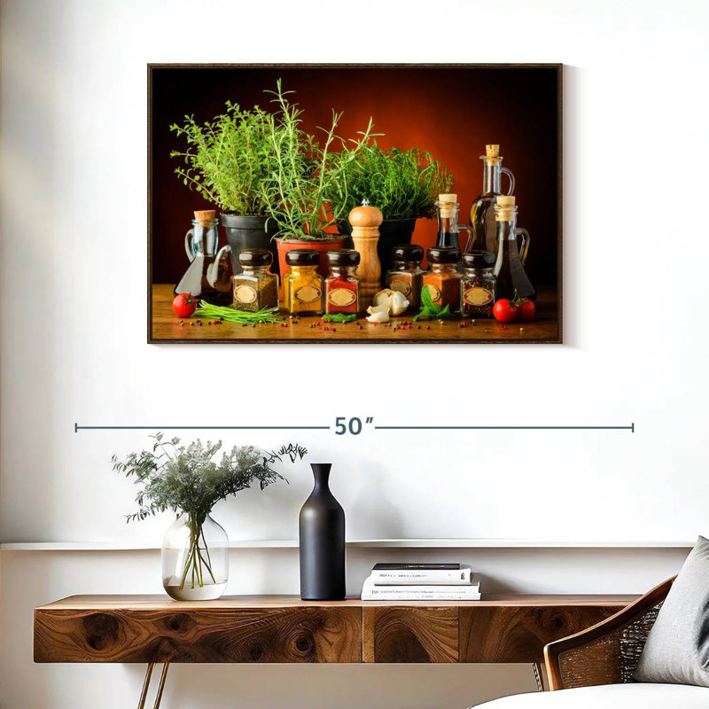 Cuisiner avec des épices et des herbes, 37 po x 25 po, Cadre flottant en noyer