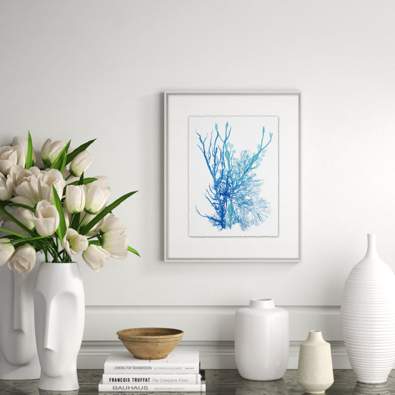 Azure Ocean Herbarium 3' Framed Graphic Art Print on Glass