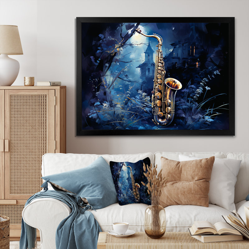 Saxophone bleu minuit - musique encadrée, art mural, Cadre simple noir, H 24 po x l 32 po x P 1 po