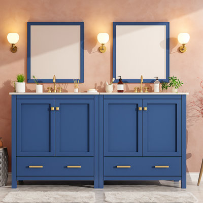 Ensemble de meuble-lavabo double 60 po avec 2 lavabos en céramique, tablette de rangement et tiroirs divisés, armoire de salle de bain moderne (miroir non inclus)