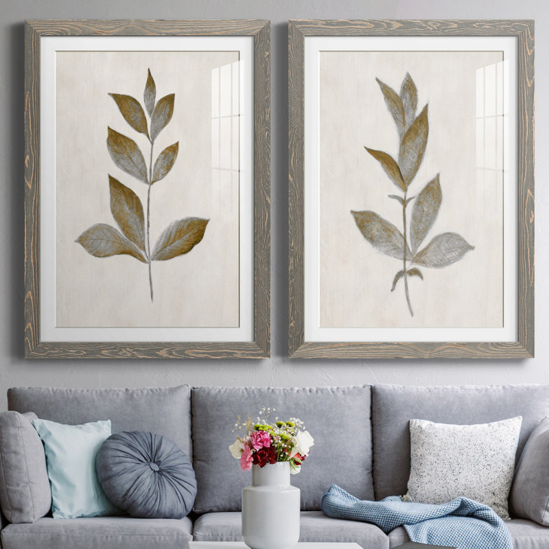Bronze Leaf I - ensemble de 2 reproductions, Impression encadrée avec passe-partout, H 44 po x l 31 po, Gris