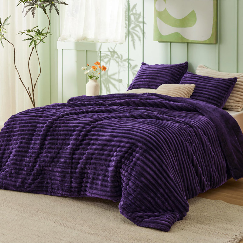 Bedsure Full Size Comforter Sets - 3-Piece Double-Sided Fleece Fluffy Purple Bedding, Cozy Striped Aesthetic for Modern & Guest Bedrooms, All-Season Luxury Home Decor