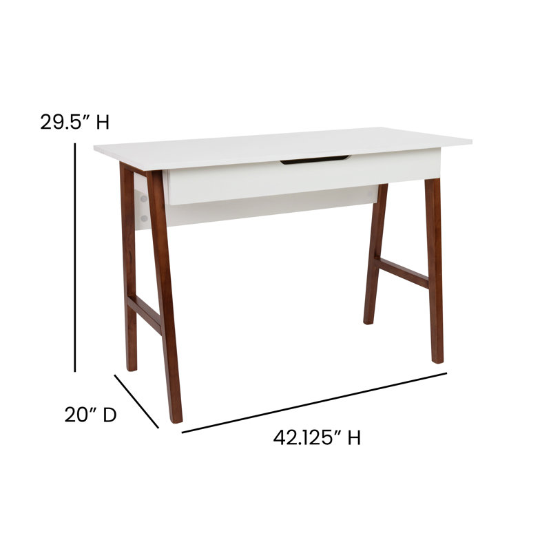 White Laminate Top Writing Desk with Walnut Frame and Drawer