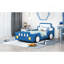 Lit plateforme simple en forme de voiture de course avec roues, bleu
