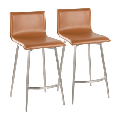 Tabouret de comptoir rembourré à hauteur fixe de 26 po avec pivot en acier inoxydable et similicuir brun clair - ensemble de 2