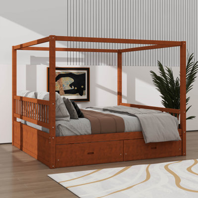 King-Sized Wooden Four-Poster Bed Equipped With Storage Drawers