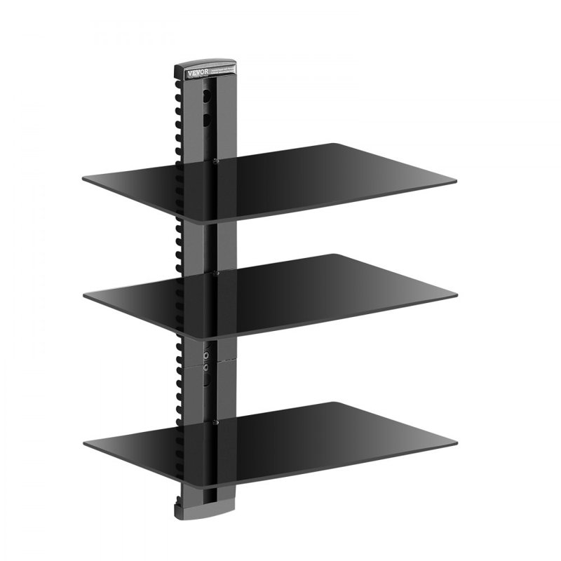 3 Tiers Wall Mounted AV Media Stand Adjustable Floating Projector Shelf, Design 3-Tier AV Media Stand Corner Shelf for Record Player Stereo Cabinet Audio Rack Tower with Height Adjustable Shelves, Living Room Storage, Corner Entertainment Centre, Black
