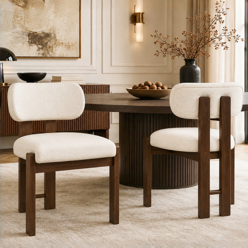 48 cm H Boucle Side Chair in Cream, Set of 2, Walnut