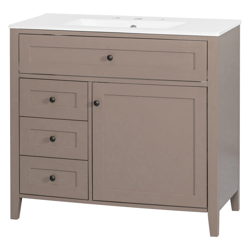 Meuble-lavabo sur pied 36 po avec lavabo en céramique, Marron clair