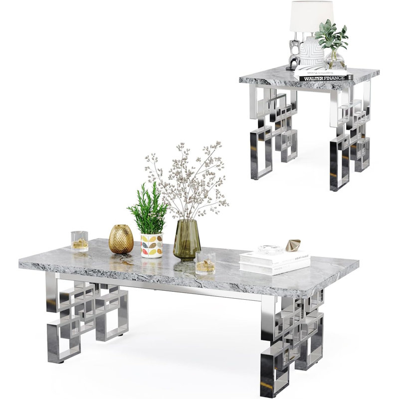 2 Piece Grey And Silver Living Room Table Set