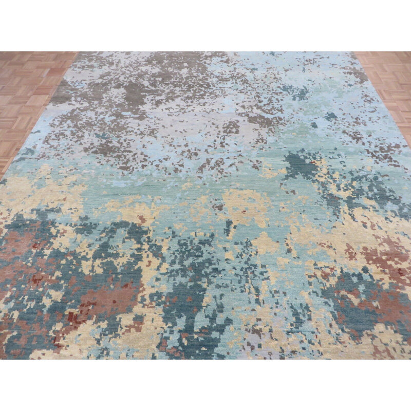 Tapis unique en laine noué à la main gris / bleu 9 pi 1 po x 11 pi 8 po Mahulena