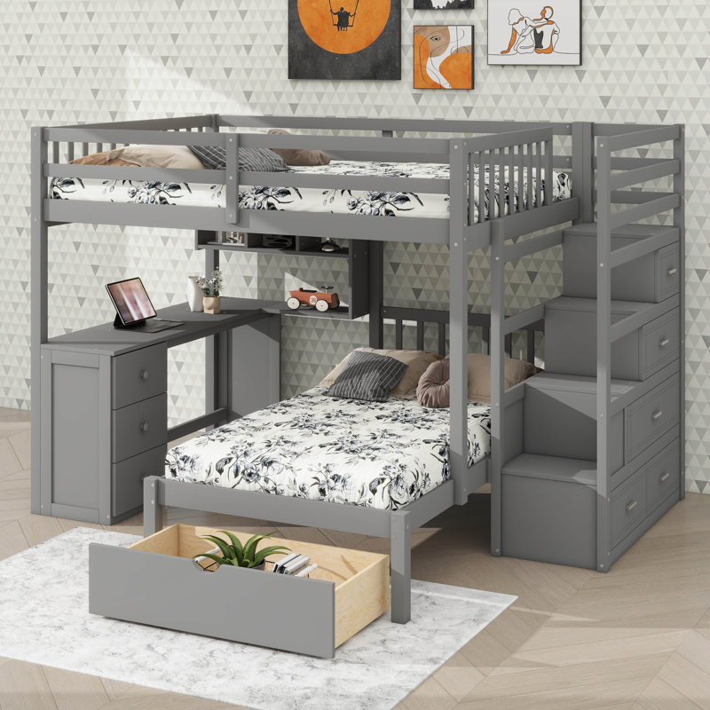 Lit superposé simple avec lit double, bureau intégré, tiroirs et étagère intégrée, Gris