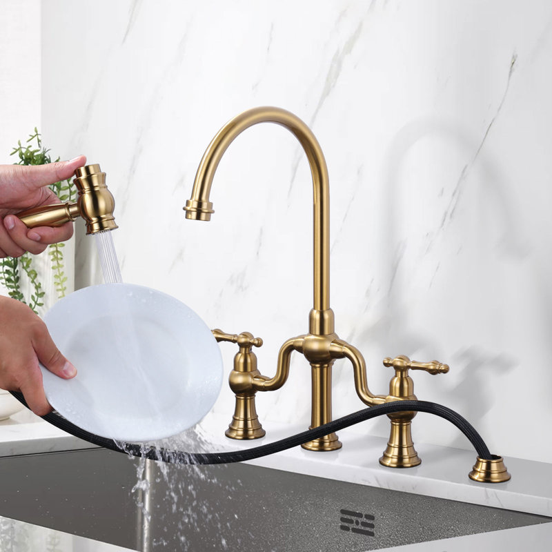 ARCORA Double-Handle High-Arc Widespread Deck Mounted Bridge Kitchen Faucet With Side Spray, Gold