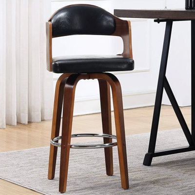 Pivotant Mid-Century de 27 po, ovale sans dossier avec similicuir noir, facile à nettoyer, pour les repas et les coins en cuir, pieds en bois confortables, grandes cuisines ouvertes