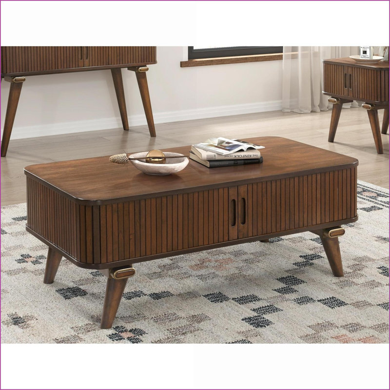 Table basse de salon en noyer avec 2 portes tambour et amp; 2 tablettes, rangement élégant