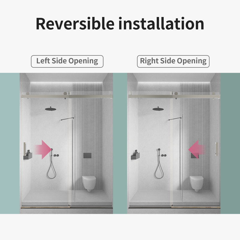 Porte de douche coulissante simple sans cadre l 68 à 72 po x H 76 po, verre trempé 3/8 po, chrome, fermeture en douceur