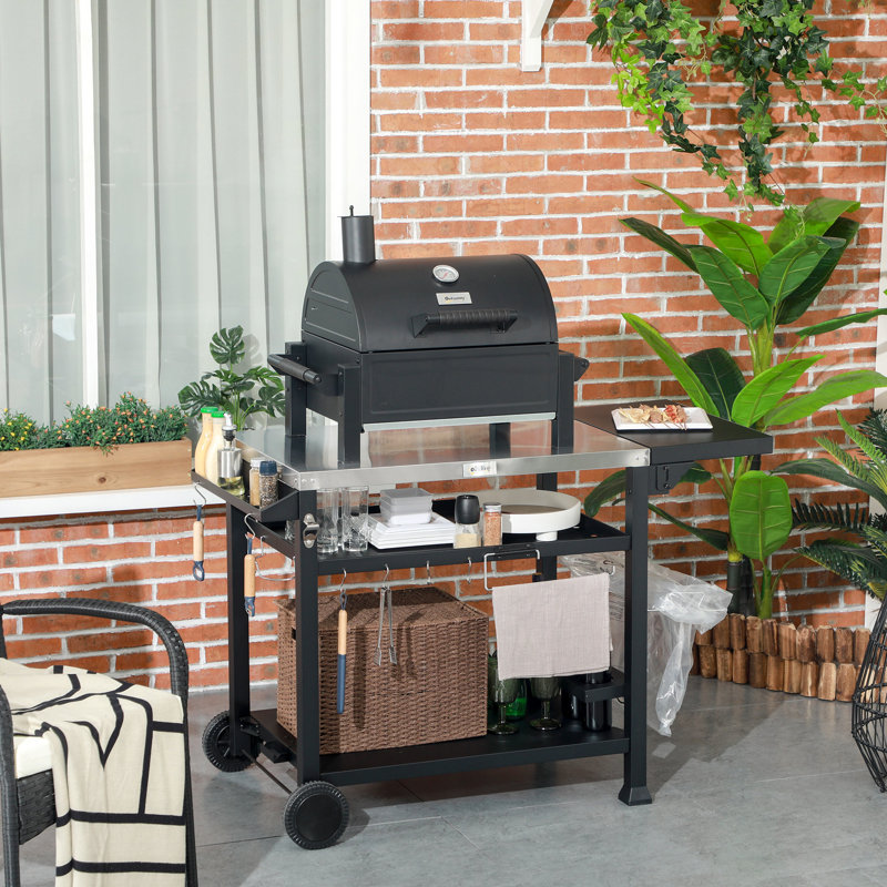 Chariot de travail pour barbecue extérieur, 117 cm x 55 cm, acier inoxydable, table d'appoint pliable, chariot noir avec tablette, poste de préparation.