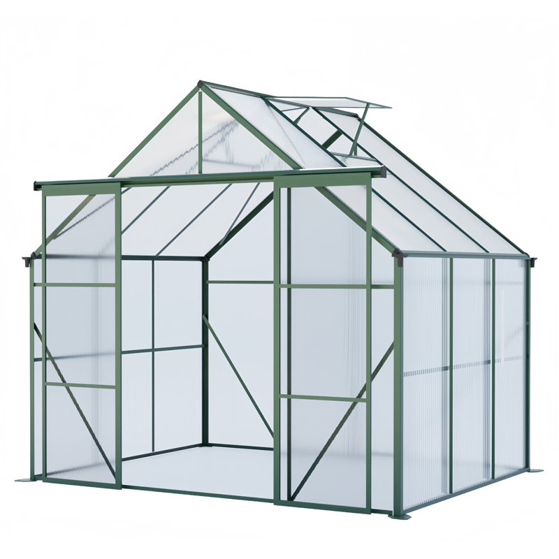 8X6Ft-Green Double Door Polycarbonate Greenhouse Raised Base And Anchor Aluminum Heavy Duty Walk-In Greenhouses For Outdoor Backyard In All Season