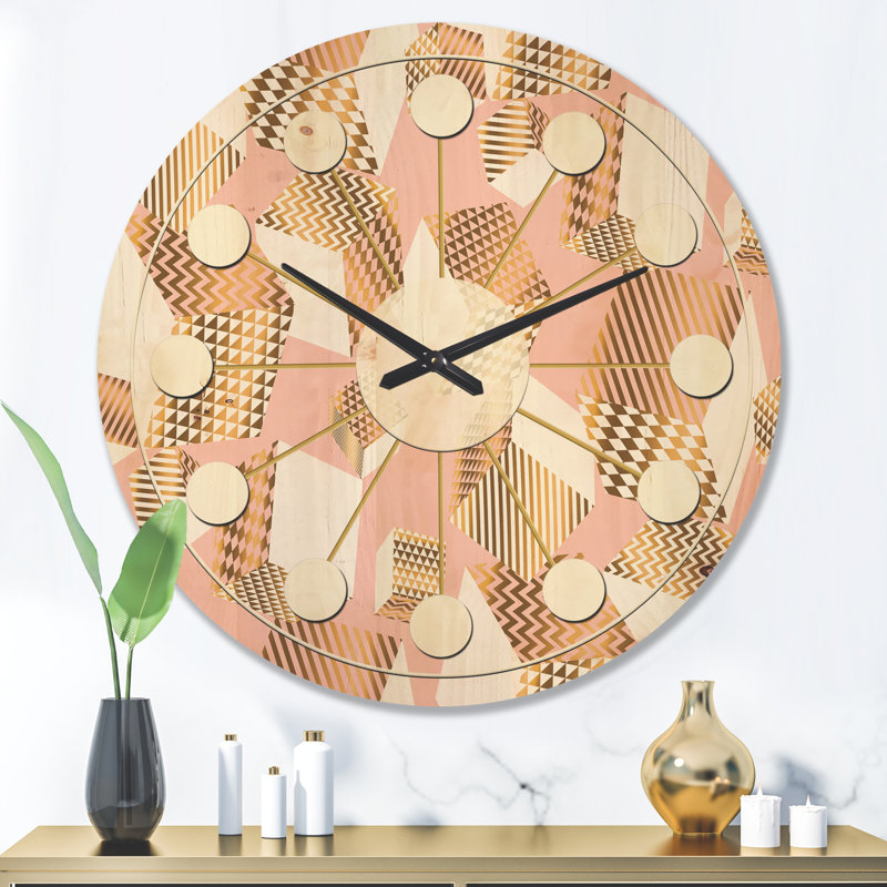 Horloge murale en bois doré et rose I - Mid-Century, Grand