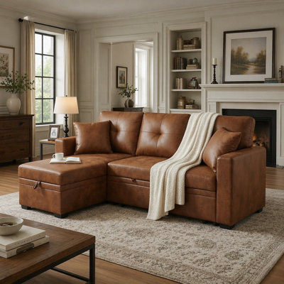 Sleeper Sofa, Sectional With Pull-Out Bed, Reversible Chaise, Storage Sectional,  Light Brown Breathable  Fabric, Small Space Solution, Convertible Sofa Bed, Living Room Furniture, L-Shaped Sofa