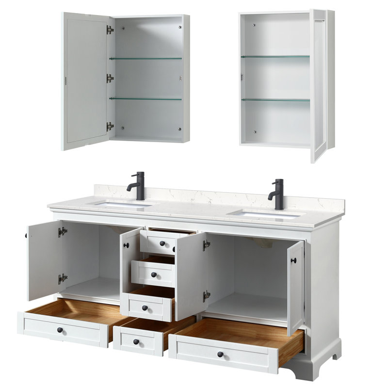 Ensemble de meuble-lavabo double 72 "avec miroir Deborah, Marbre de culture de Carrare, Blanc, Or brossé