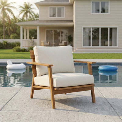 Fauteuil club d'extérieur 29,5 po en bois d'acacia avec coussins résistants aux intempéries et structure en bois massif