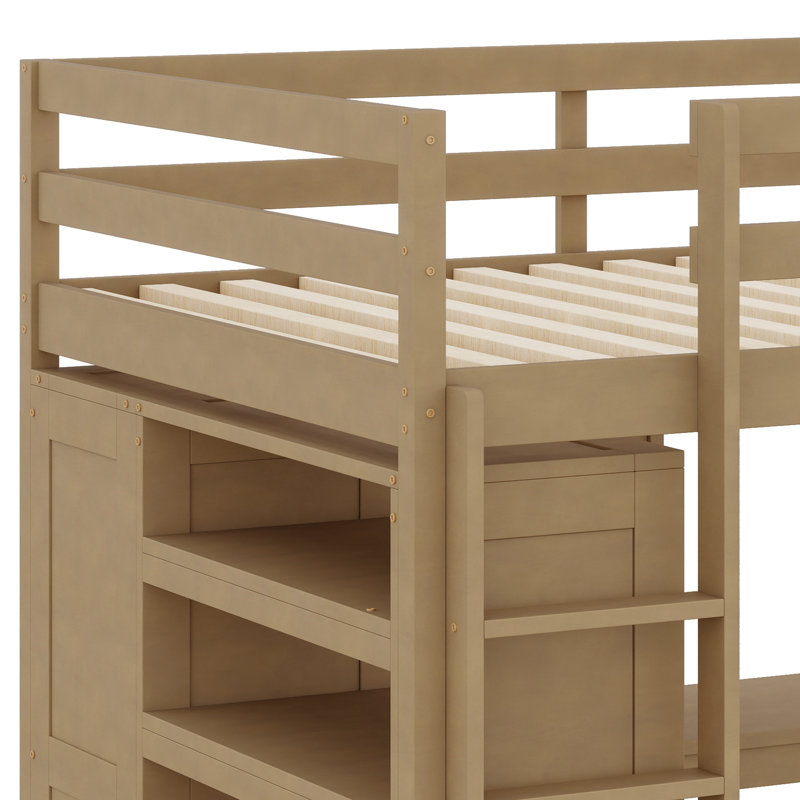 Lit mezzanine en bois moderne, garde-robe intégrée, bureau, tablettes de rangement, Noyer