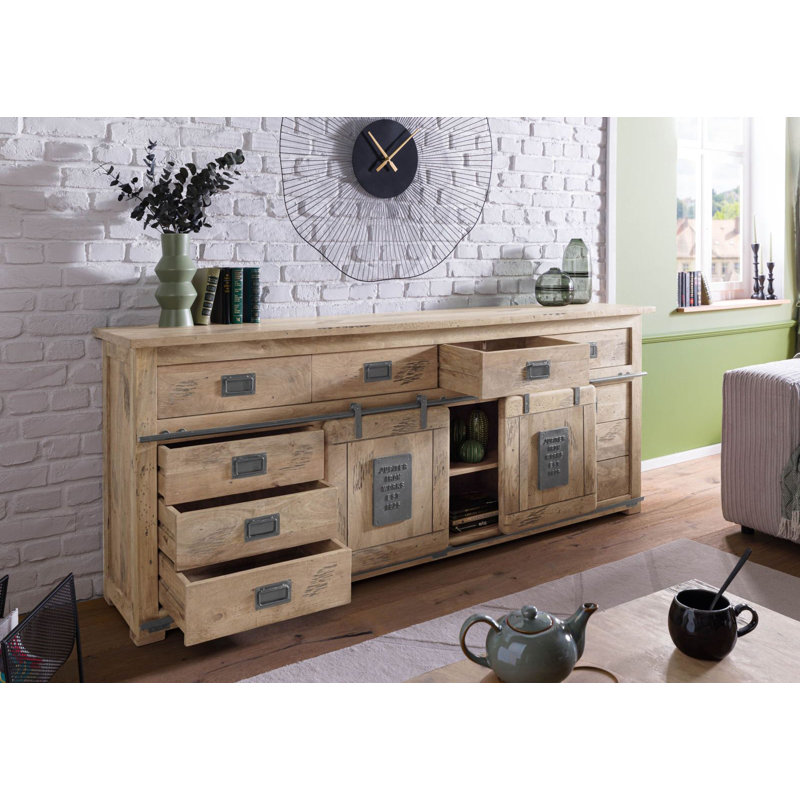 Railway 220 cm W Mango Solid Wood Sideboard, Whitewash Lacquered