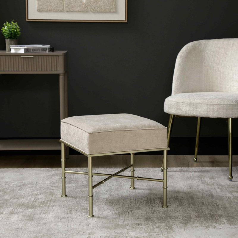 Bieser Iron Dressing Table Stool for Bedroom Furniture, Modern Living Room Linen Ottoman Accent Stool, Cream