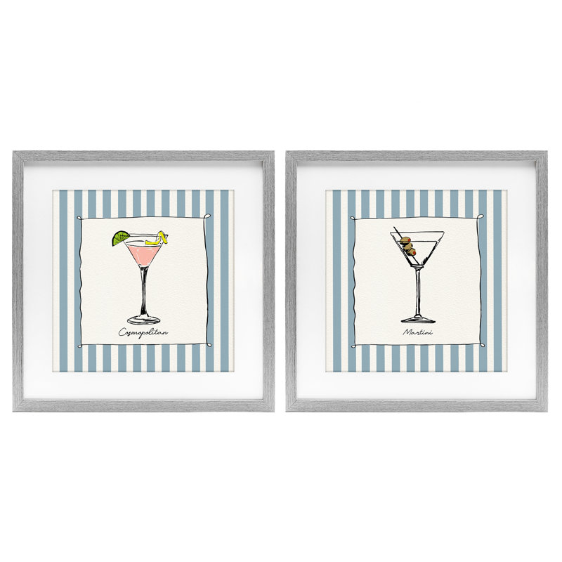 Summer Drinks on Stripes, ensemble de 2 reproductions encadrées sous verre, par Susan Jill, 13 x 13